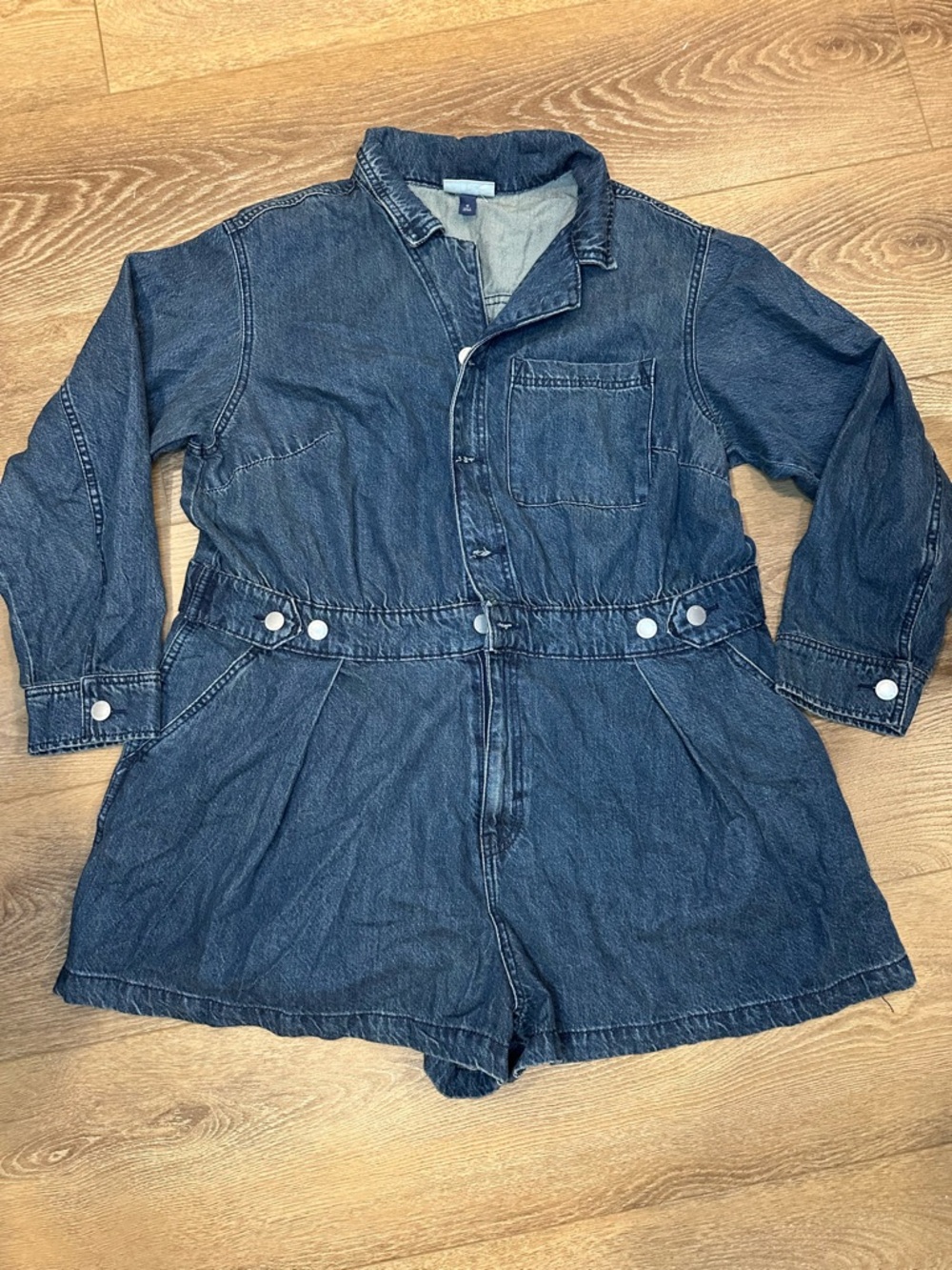 Denim long sleeve Romper with cinchable waist - Dark Blue - multiple sizes avail